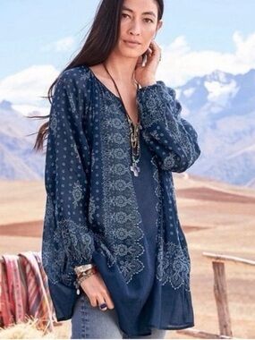 Sundance Indigo Block Print Cotton Peasant Tunic Blouse L Boho